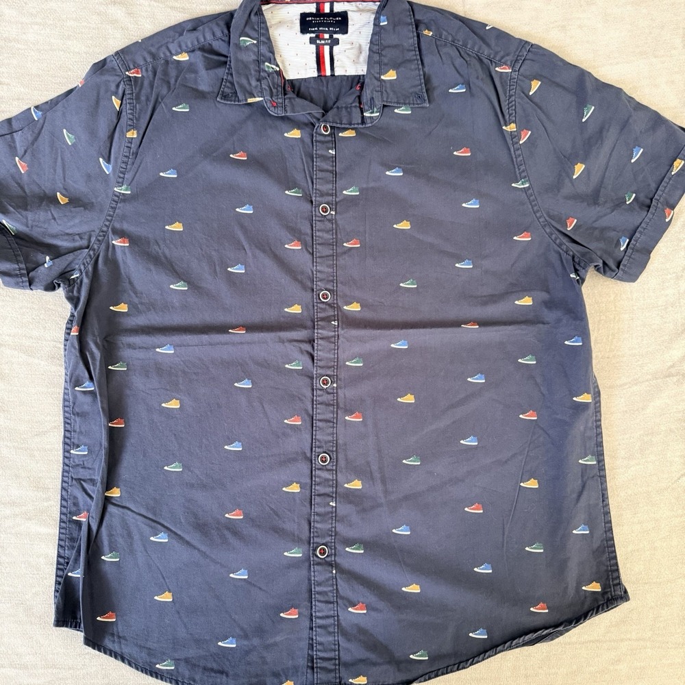 Denim & Flower Ricky Singh Shirt XL Slim Fit Navy Sneaker Print Button Up